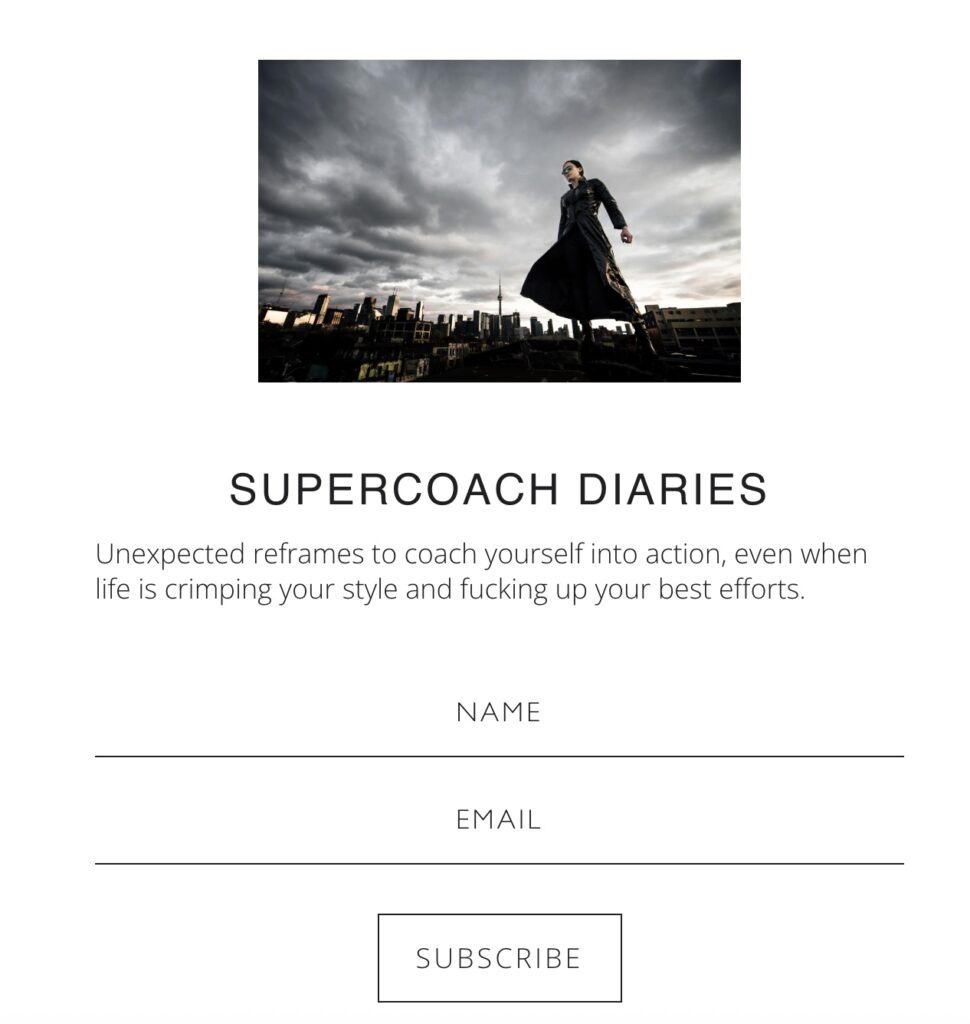 Person in a dramatic black coat stands powerfully on a rooftop under stormy skies. Featured in Pass the Queso’s breakdown of productized newsletter examples, this image reflects the bold, personal brand behind the Supercoach Diaries coaching newsletter.